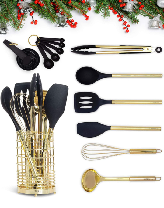 Os utensílios pretos da cozinha do ouro com grupo dos utensílios de cozimento do ouro do suporte 17PC do utensílio do ouro do metal incluem o copo de medição preto do ouro